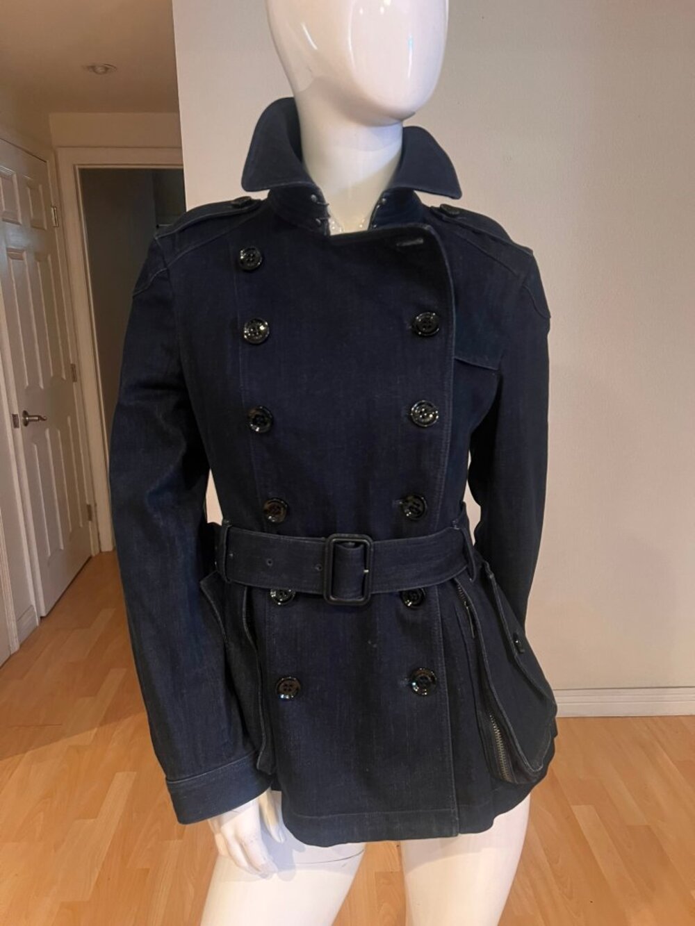 BURBERRY BRIT INDIGO DENIM DOUBLE BREASTED TRENCH COAT SZ L LARGE